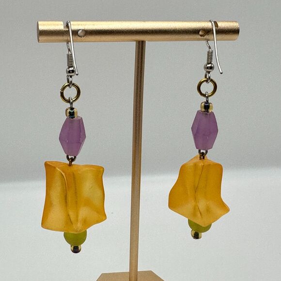 Artsy Statement Dangle Earrings Beaded Yellow Purple Frosted Acrylic Abstract - Picture 2 of 3